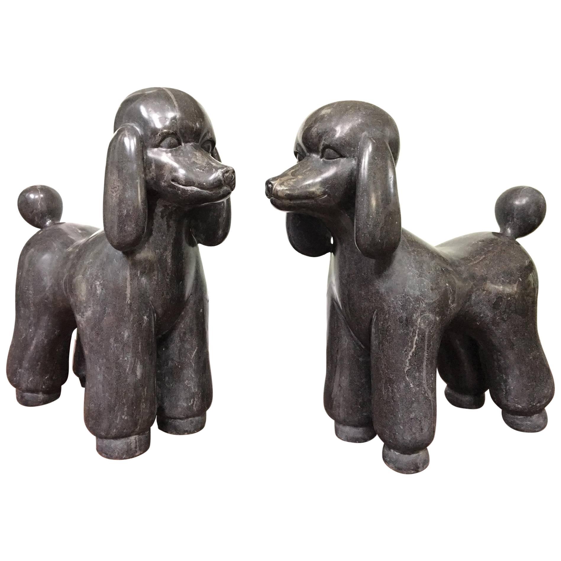 Large Italian Solid Marble Poodle Statues