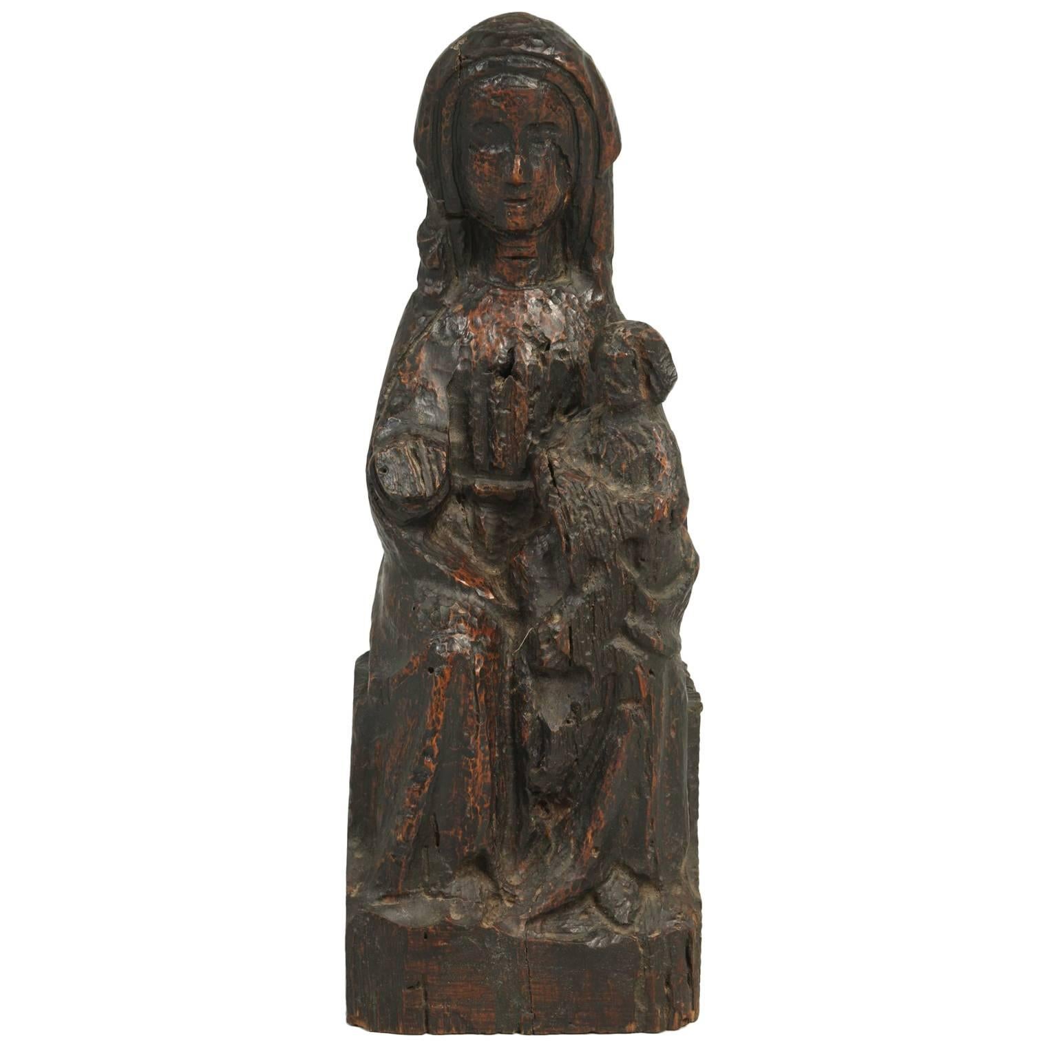 Antique Wood Carving of a Woman and Child, Spanish, circa Late 1600s For Sale