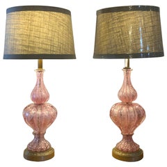 Pair of Large Barovier e Toso Murano Glass Table Lamps with Silver Aventurine