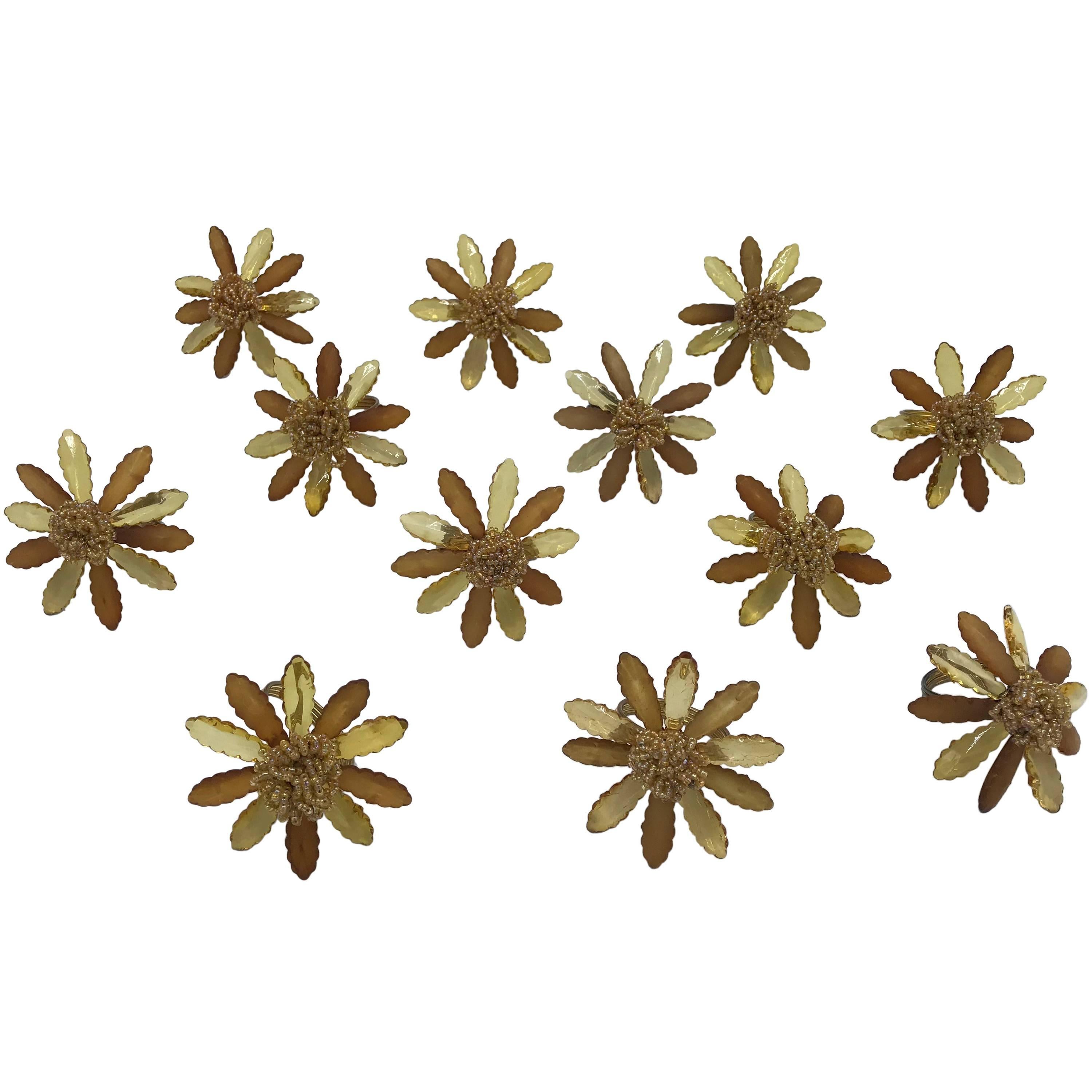 1970s Italian Gold-Tone Beaded Floral Motif Napkin Rings, Set of 12