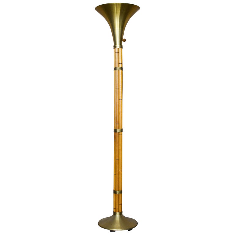 Art Deco Russel Wright Faux Bamboo Torchiere Floor Lamps For Sale