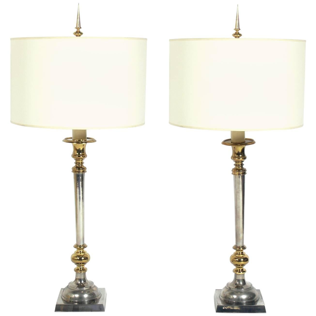 Pair of Large Scale Nickel and Brass Lamps 