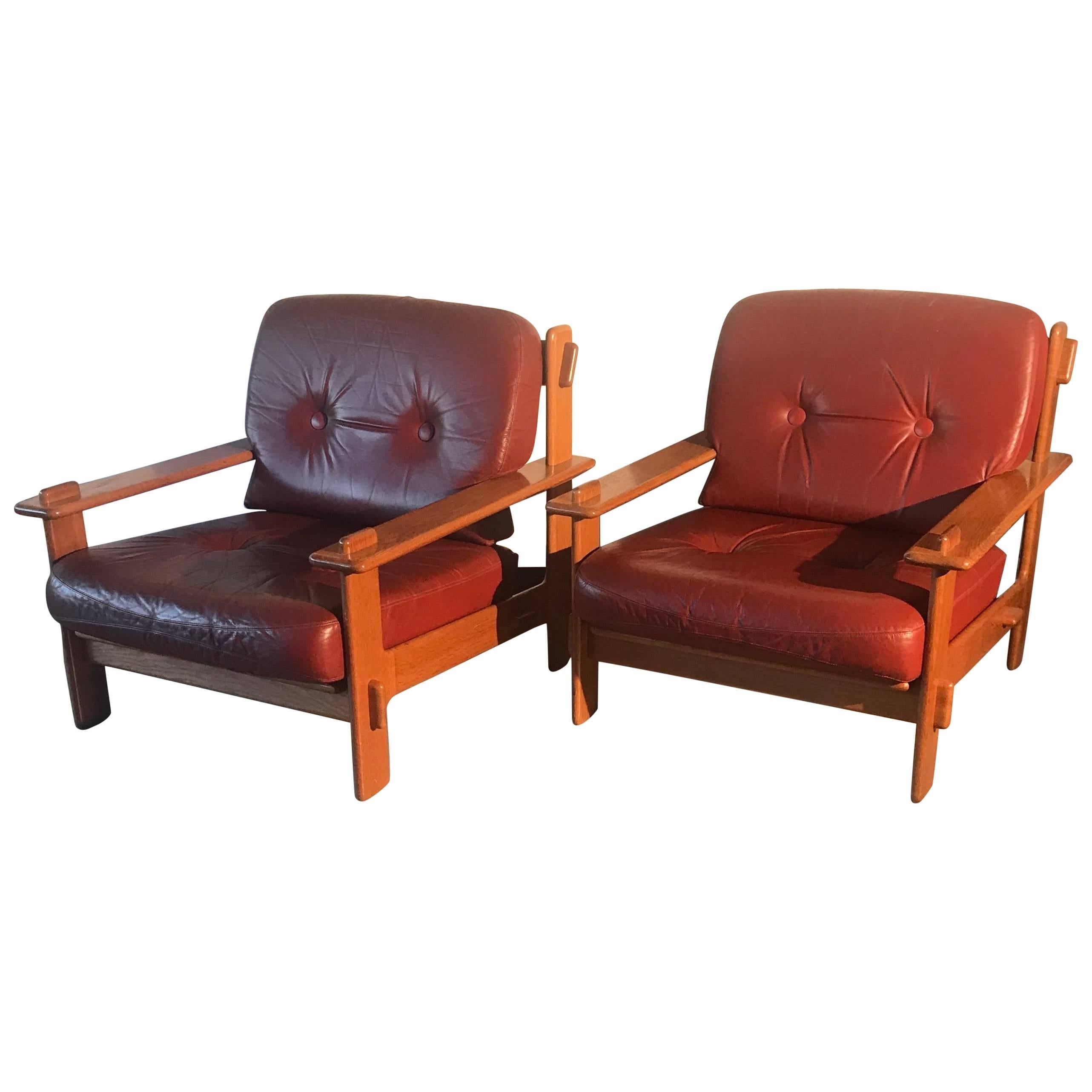Late 20th Century Scandinavian Design Oak & Leather Lounge Chairs Great Quality For Sale