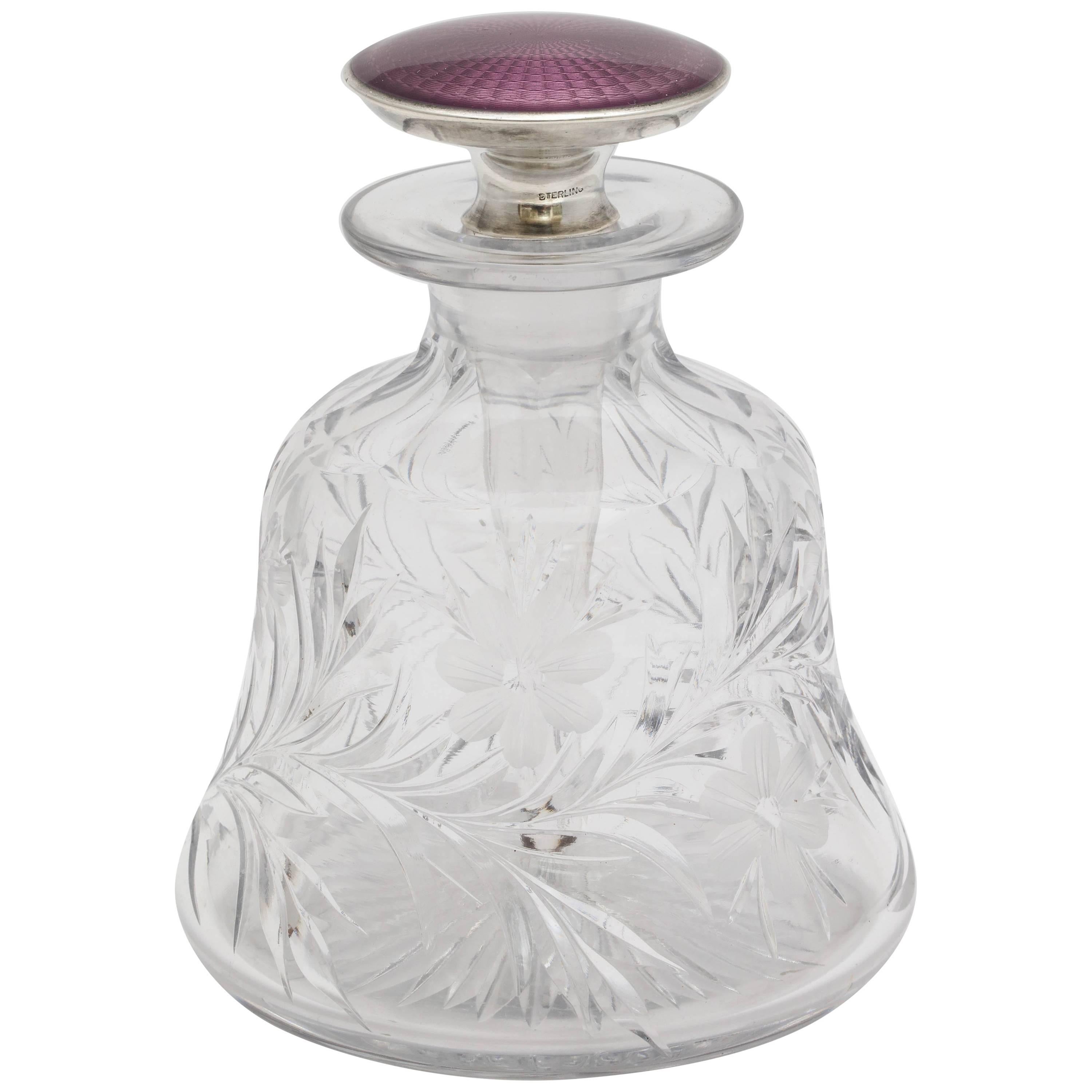 Edwardian Sterling Silver and Purple Enamel Stoppered Crystal Perfume Bottle