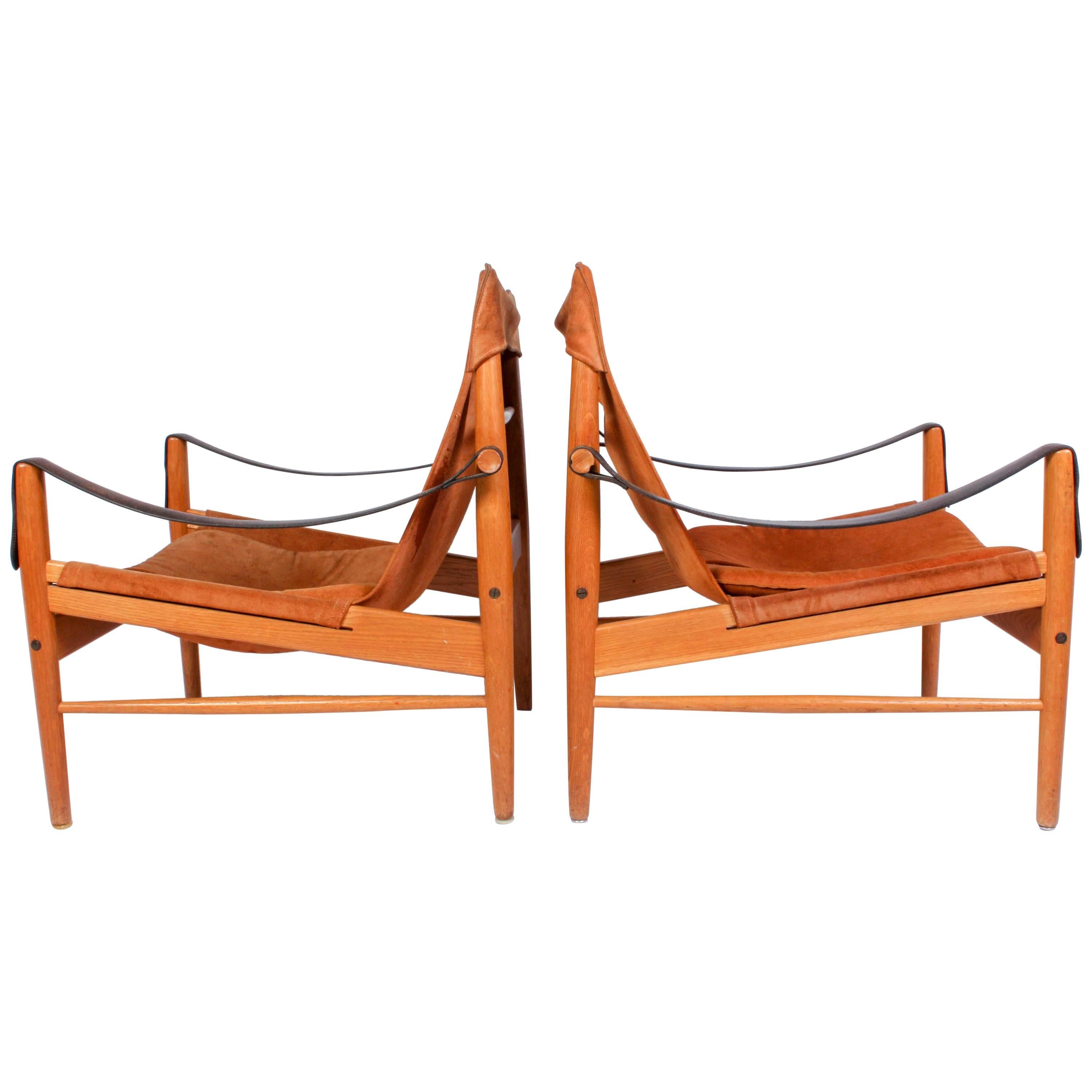 Pair of Hans Olsen "Antilop" Suede and Oak Lounge Chairs by Viskadalens Möbler