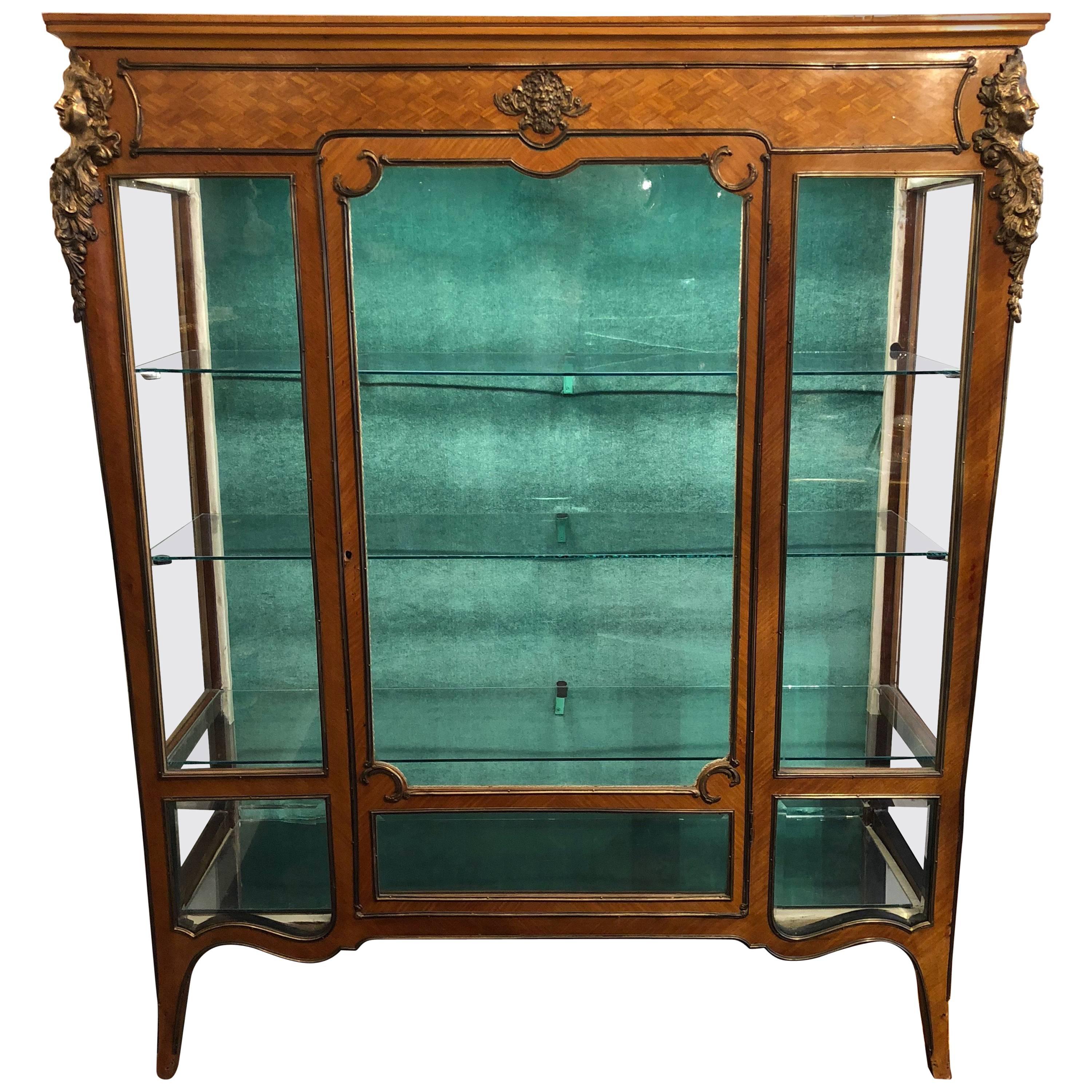 French Marquetry Display or Vitrine Cabinet, 19th Century with Ormolu For Sale