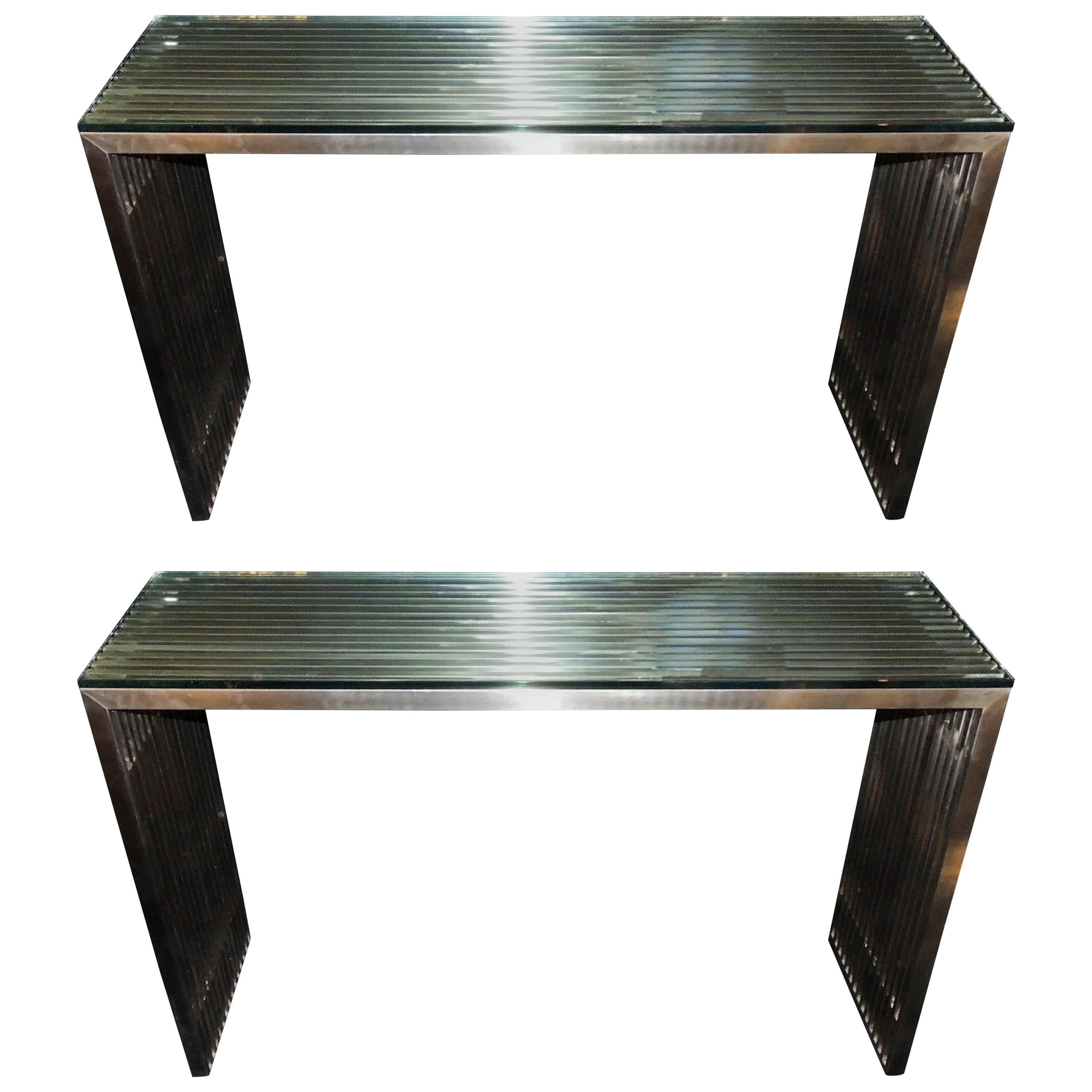Mid-Century Modern Deco Brushed Nickel Slat Lucite Glass Top Console Tables Pair