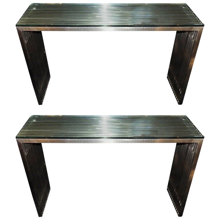 MidCentury Modern Deco Brushed Nickel Slat Lucite Glass Top Console
