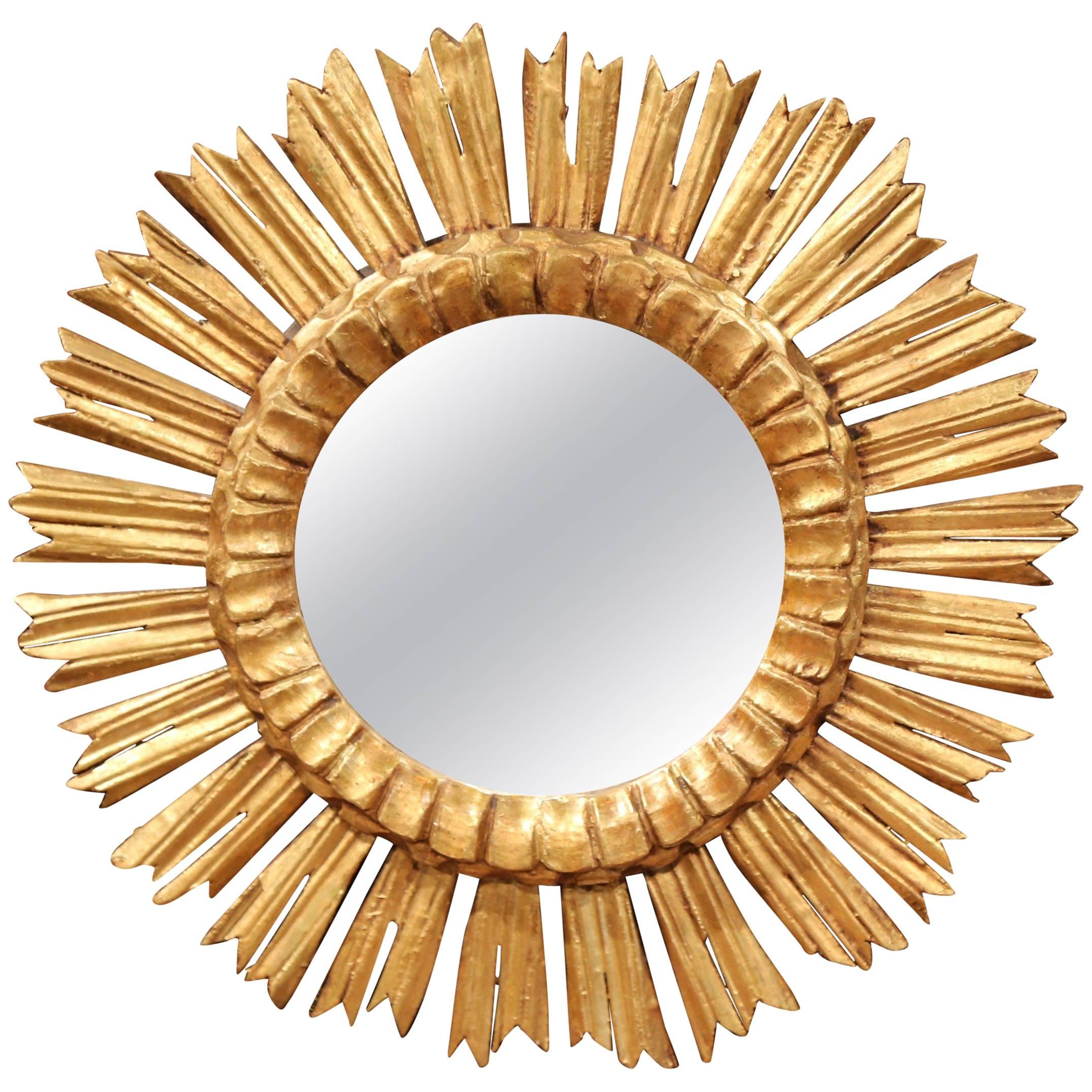 Mid-20th Century French Carved Giltwood Round Sunburst Mirror