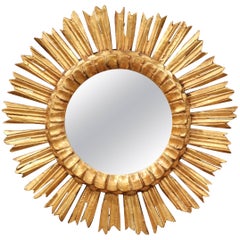Mid-20th Century French Carved Giltwood Round Sunburst Mirror