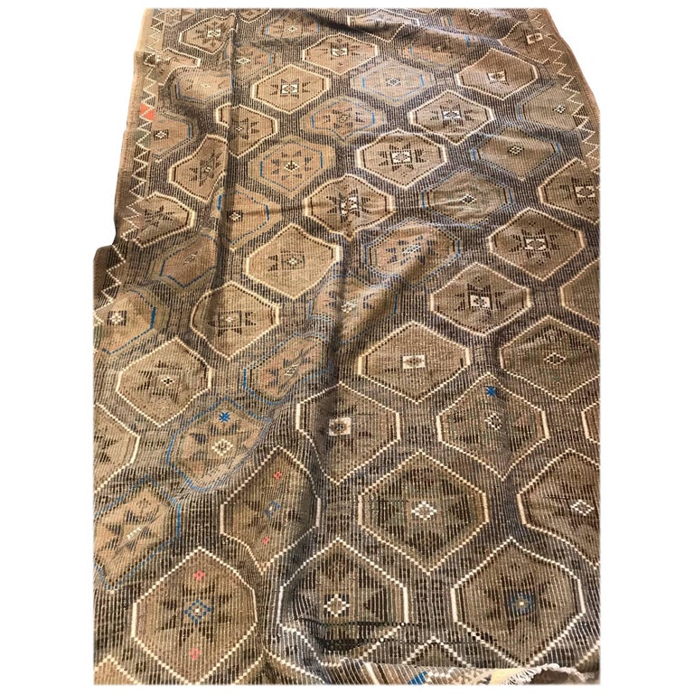 Vintage Turkish Oushak Jajim with Dark Brown Background For Sale