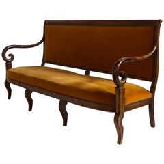 French Mahogany Opened Framed Orange Velvet Settee with Curved Arm Detail