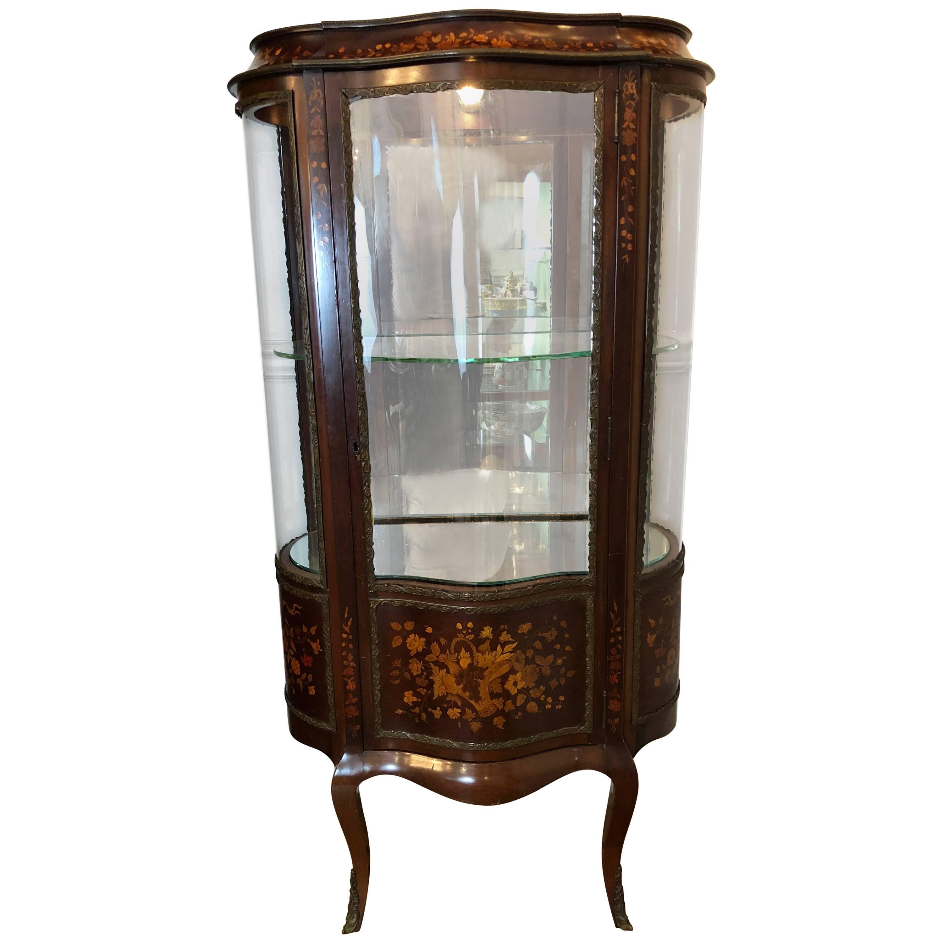 Continental Floral Inlaid Vitrine, Displayed Cabinet, Early 20th Century, Lit For Sale