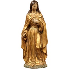 18th Century French Carved Giltwood and Polychrome Virgin Mary Statue