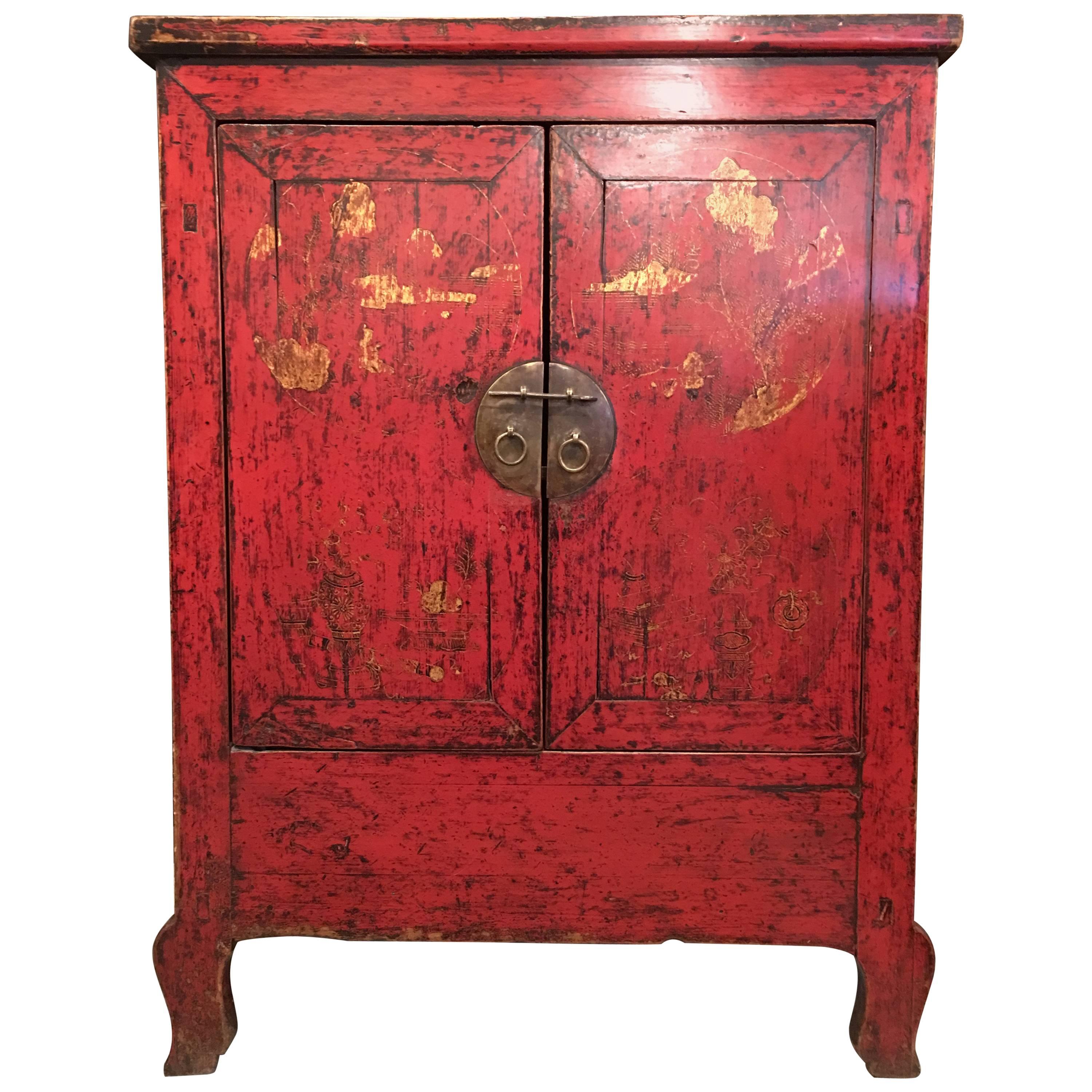 Qing Dynasty Red Lacquer Cabinet Shanxi Province For Sale