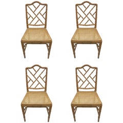 Faux Bamboo Chinese Chippendale Style Chairs with Cane Seats