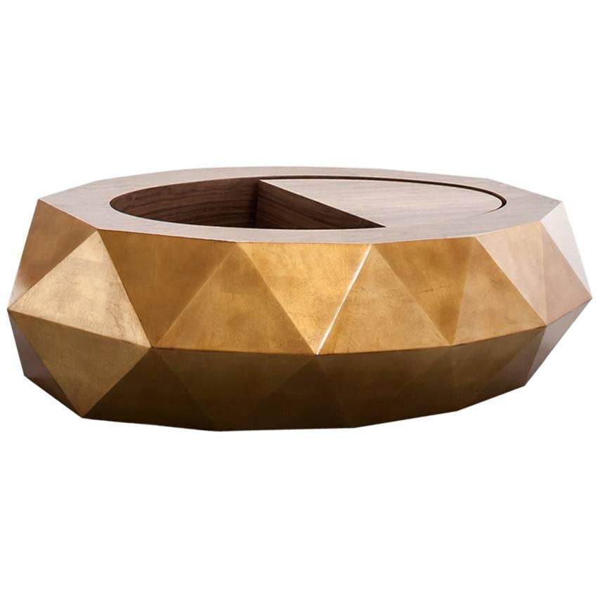 MARCHESA COFFEE TABLE - Modern Faceted Gold Leaf and Walnut Coffee Table For Sale