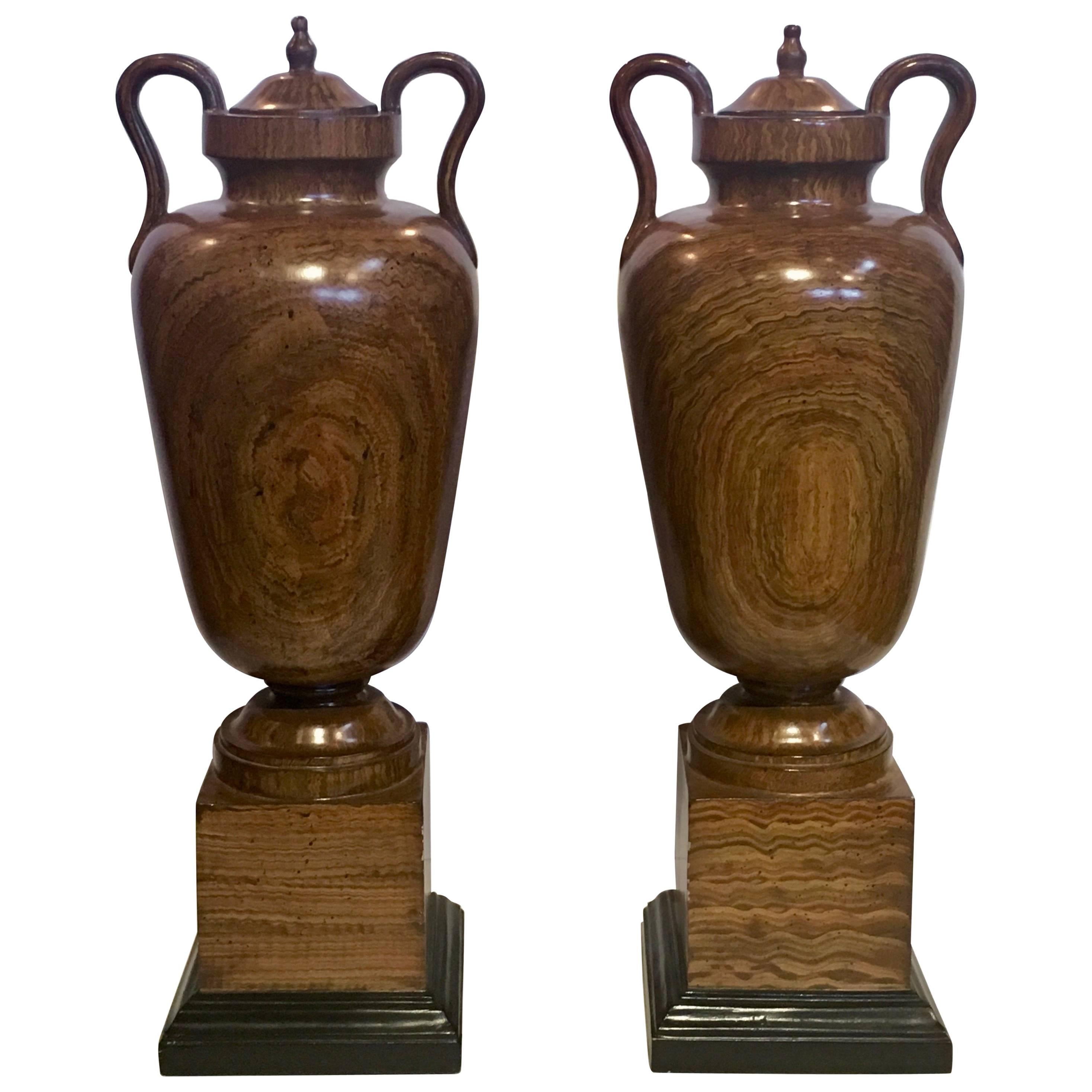 Large Faux Bois Painted Urns, Pair