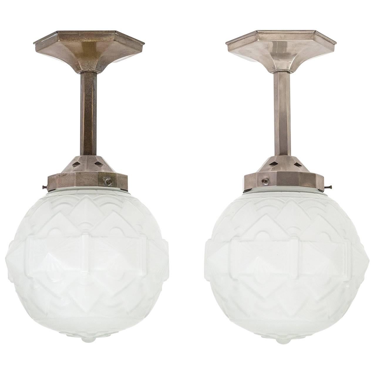 Pair of French Nickel and Satin Glass Art Deco Ceiling Lights, 1930s