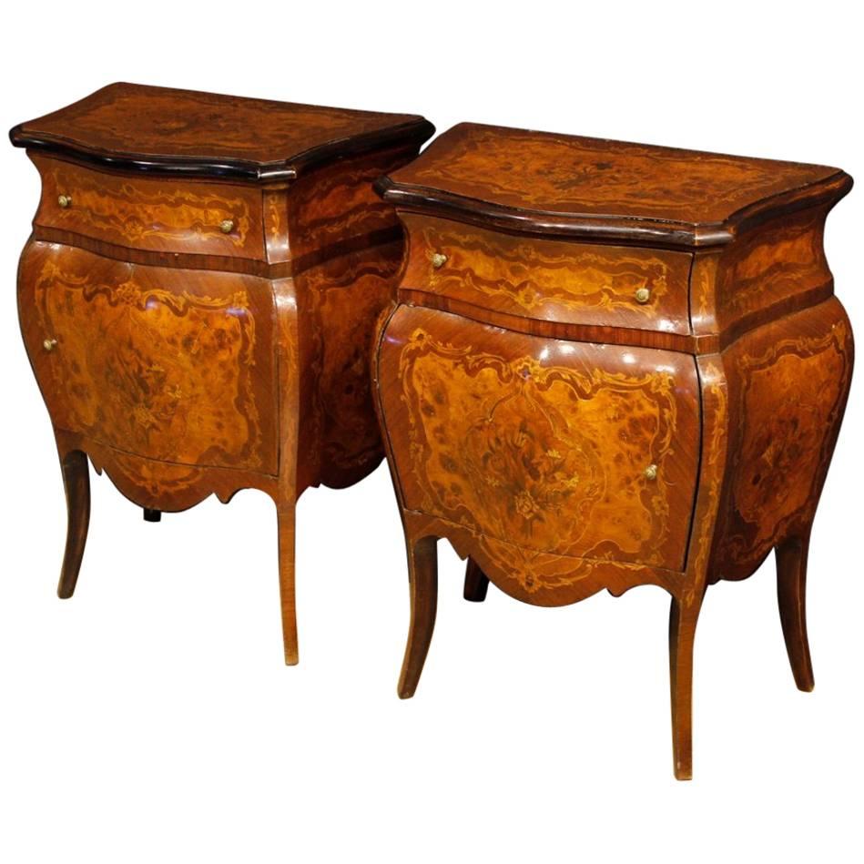 Pair of Italian Inlaid Bedside Tables in Wood in Louis XV Style, 20th Century
