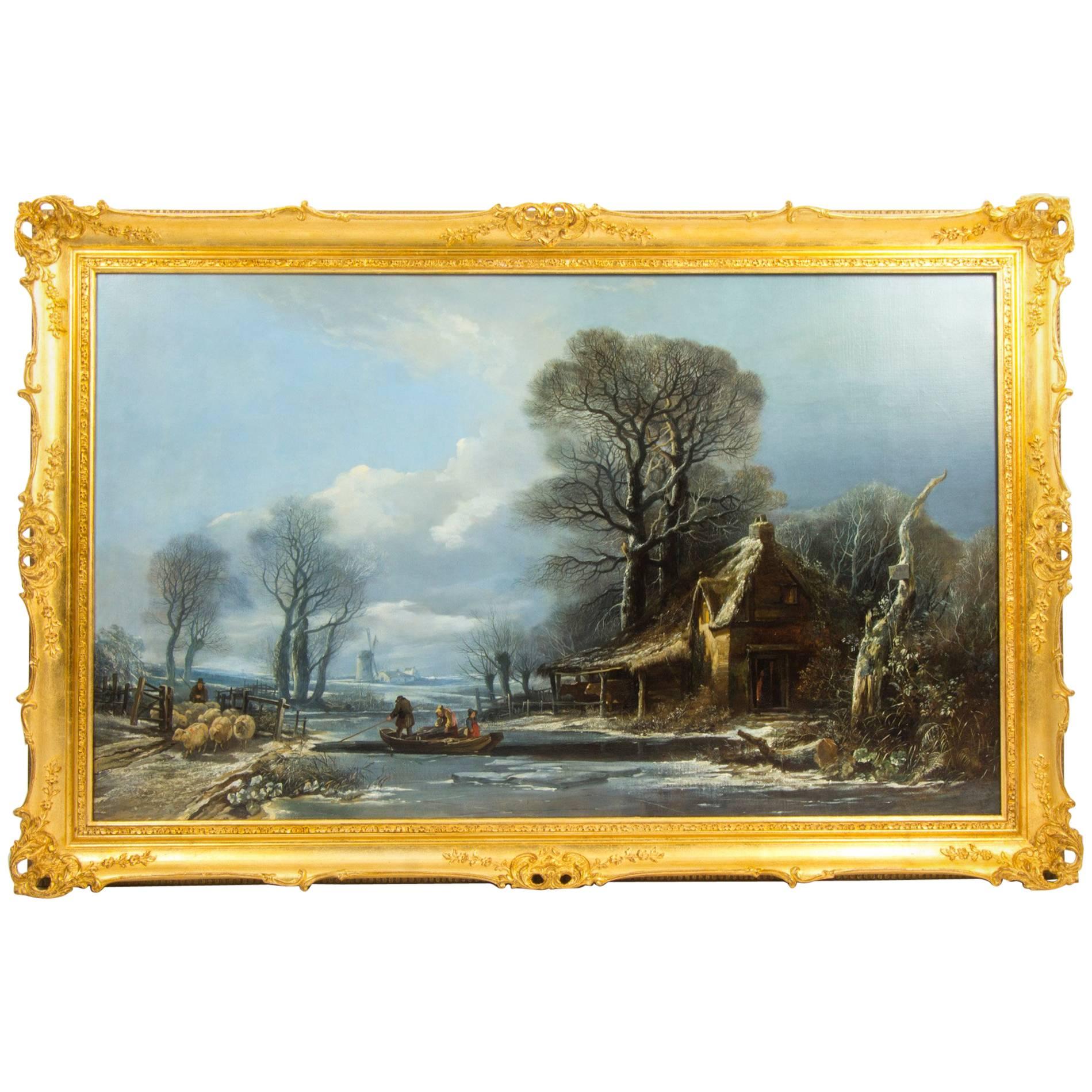 Antique Large Painting Ferry Crossing in a Winter Landscape by H.Muller, 1838