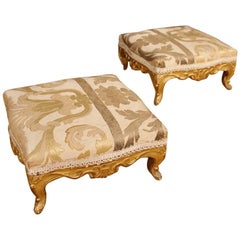 Pair of French Antique Footstools in Golden Wood from 19th Century