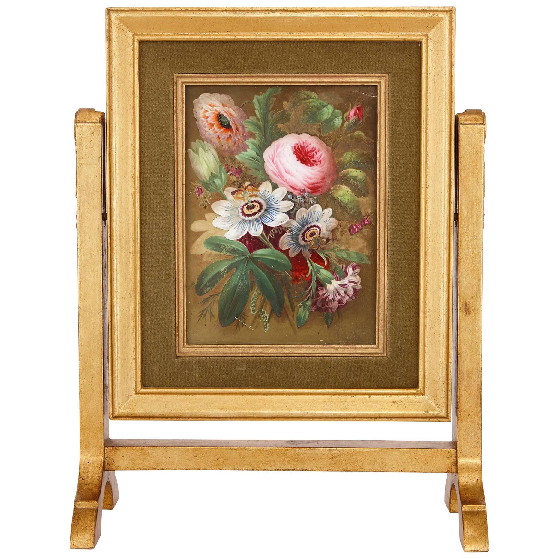English Two Sided Still Life Porcelain Plaque with Giltwood Frame