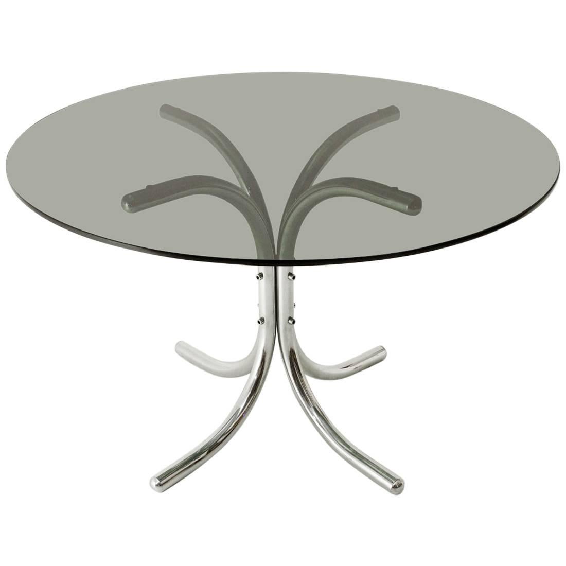 Italian Chromed Dining Table with Round Glass Top, 1970s