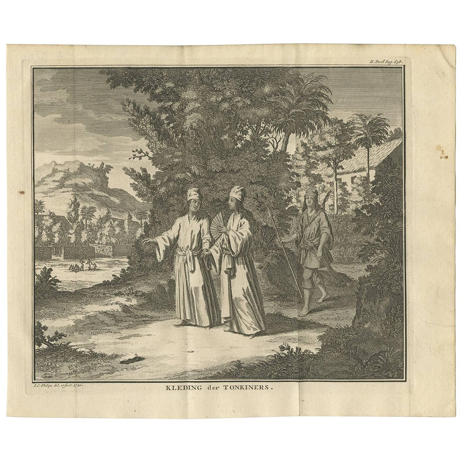 Grabado antiguo de la vestimenta del pueblo de Tonkín "Vietnam" por I. Tirion, 1730