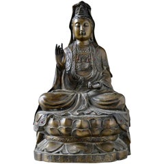 Chinese Buddha Sculpture in Bronze with Red Stones and Inscription