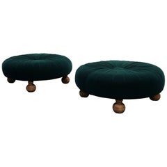 Pair of Antique Emerald Green Velvet Round Button Pleated Ottomans Stools Poufs