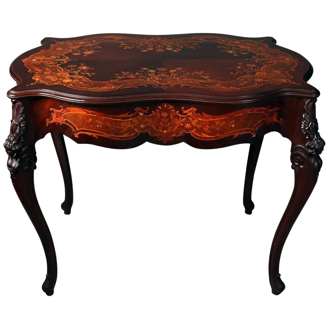 Antique French Louis XV Carved Mahogany Marquetry Inlaid Center Table