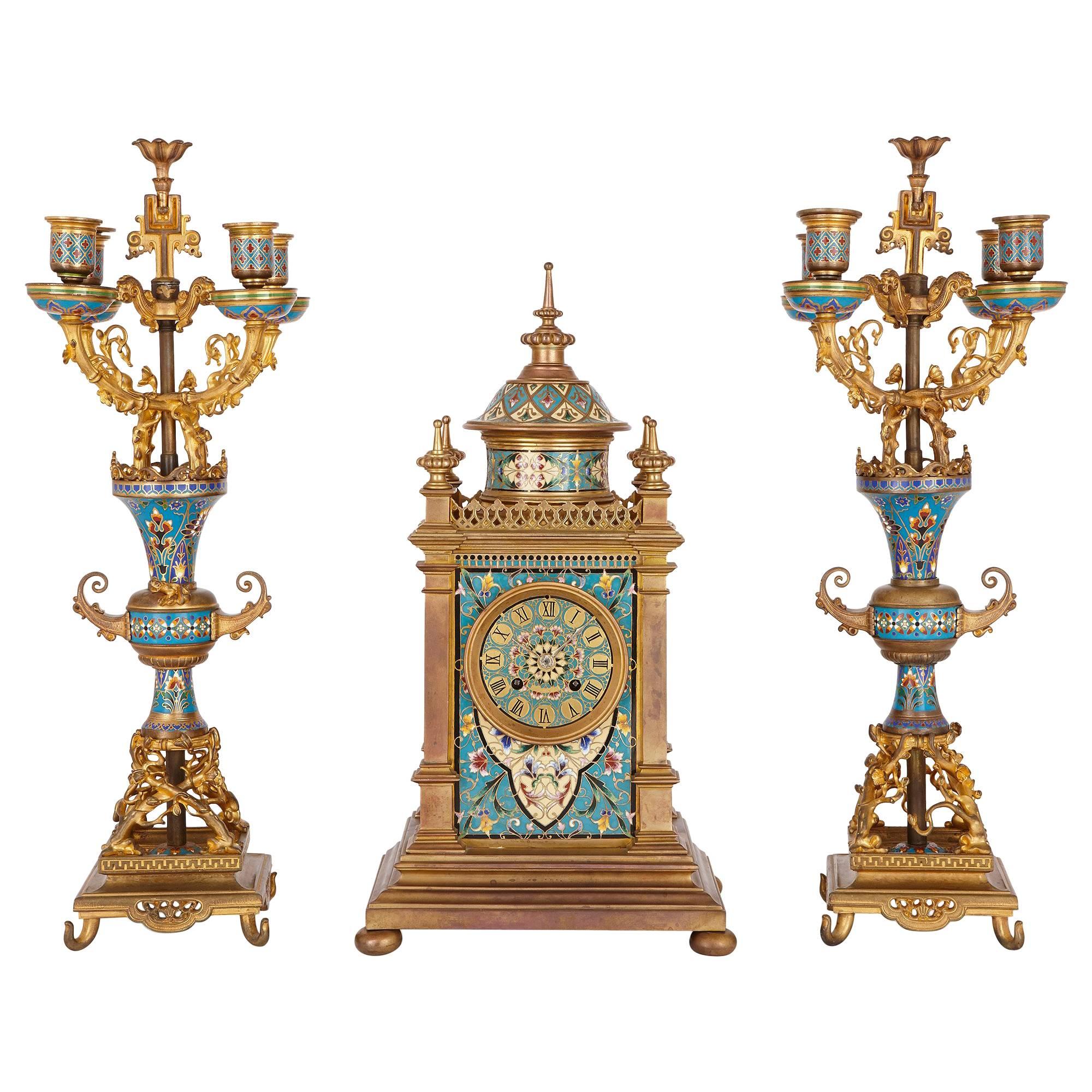 Antique French Clock Set in Champleve Enamel and Ormolu For Sale