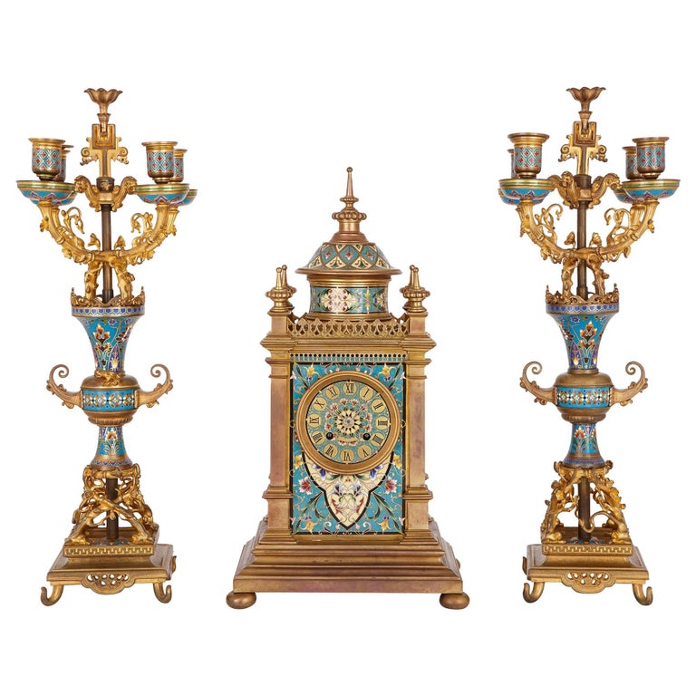 Antique French Clock Set in Champleve Enamel and Ormolu For Sale at 1stDibs
