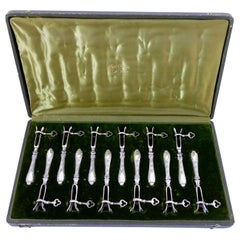 Antique Rare French Sterling Silver Cutlet Holders Set of 12 Pieces, Original Box