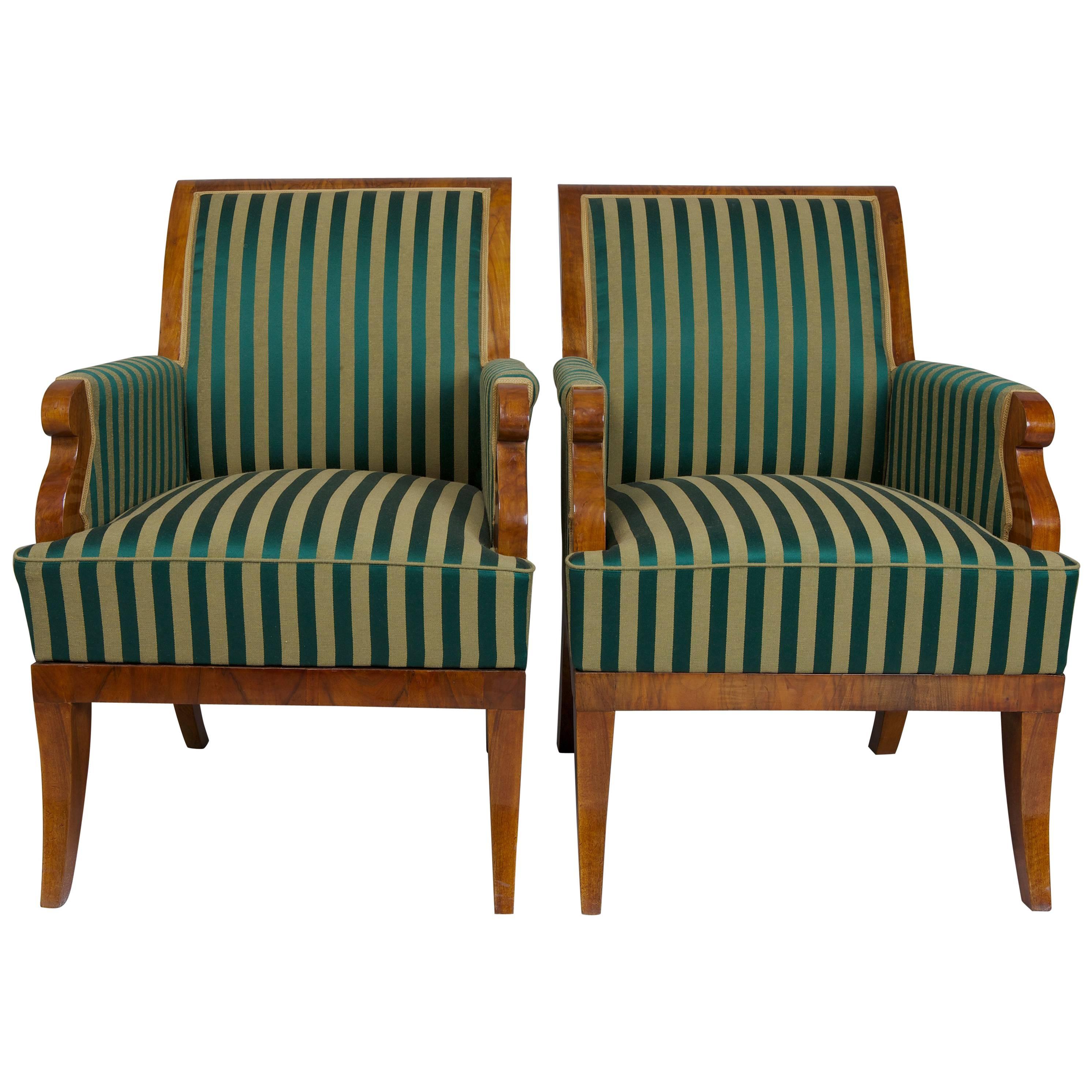 19th Century Restored Pair of Biedermeier Walnut Armchairs, Green and gold color