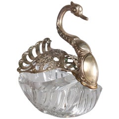 Antique Figural Silver and Cut Crystal Swan Master Salt Cellar, 19th Century