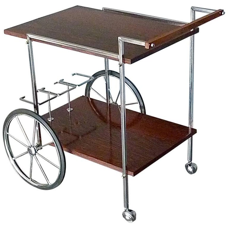 Midcentury Bar Cart Serving Table Chrome Rosewood Laminate, Wirz for Renz 1970s For Sale
