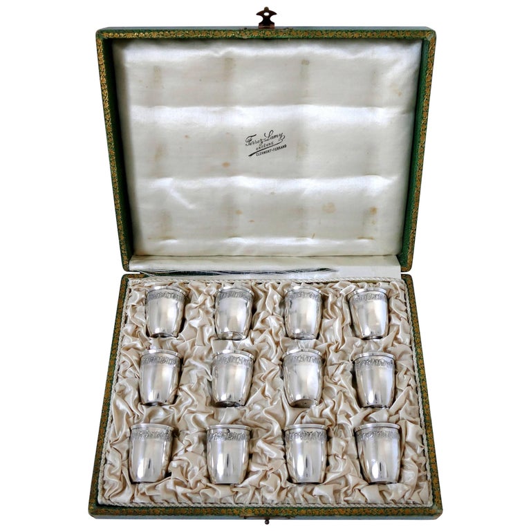 Crossard French Sterling Silver 18-Karat Gold Liquor Cups 12 Piece, Original Box For Sale