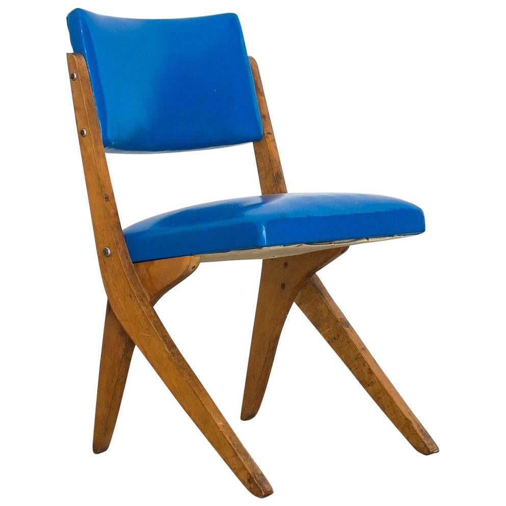 1950s Chair in Pau Marfim Wood and Blue Vinyl by José Zanine Caldas, Brazil