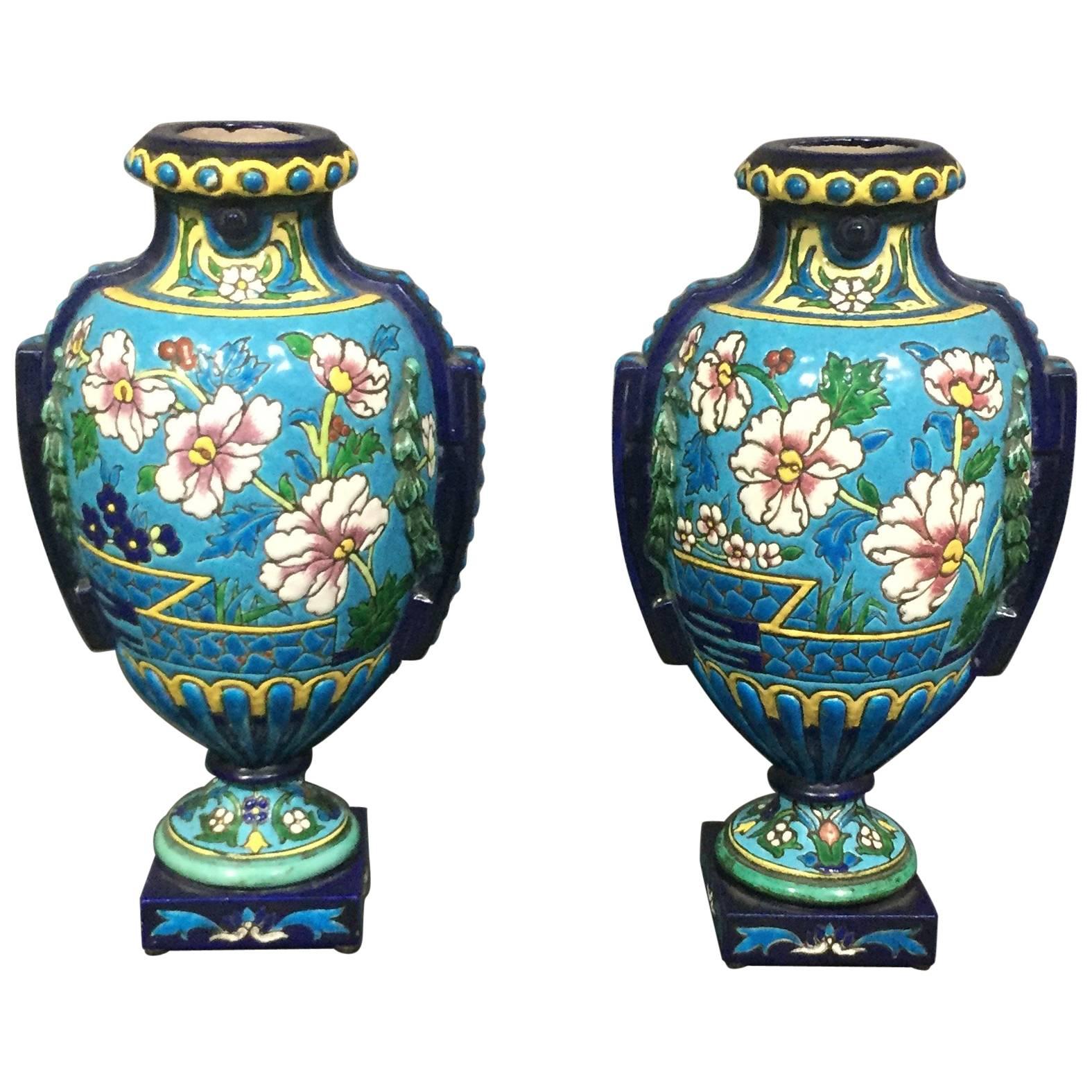 Pair of Emaux de Longwy Attributed Floral Enameled Vases, France For Sale
