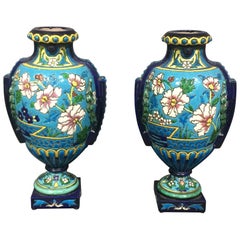 Pair of Emaux de Longwy Attributed Floral Enameled Vases, France