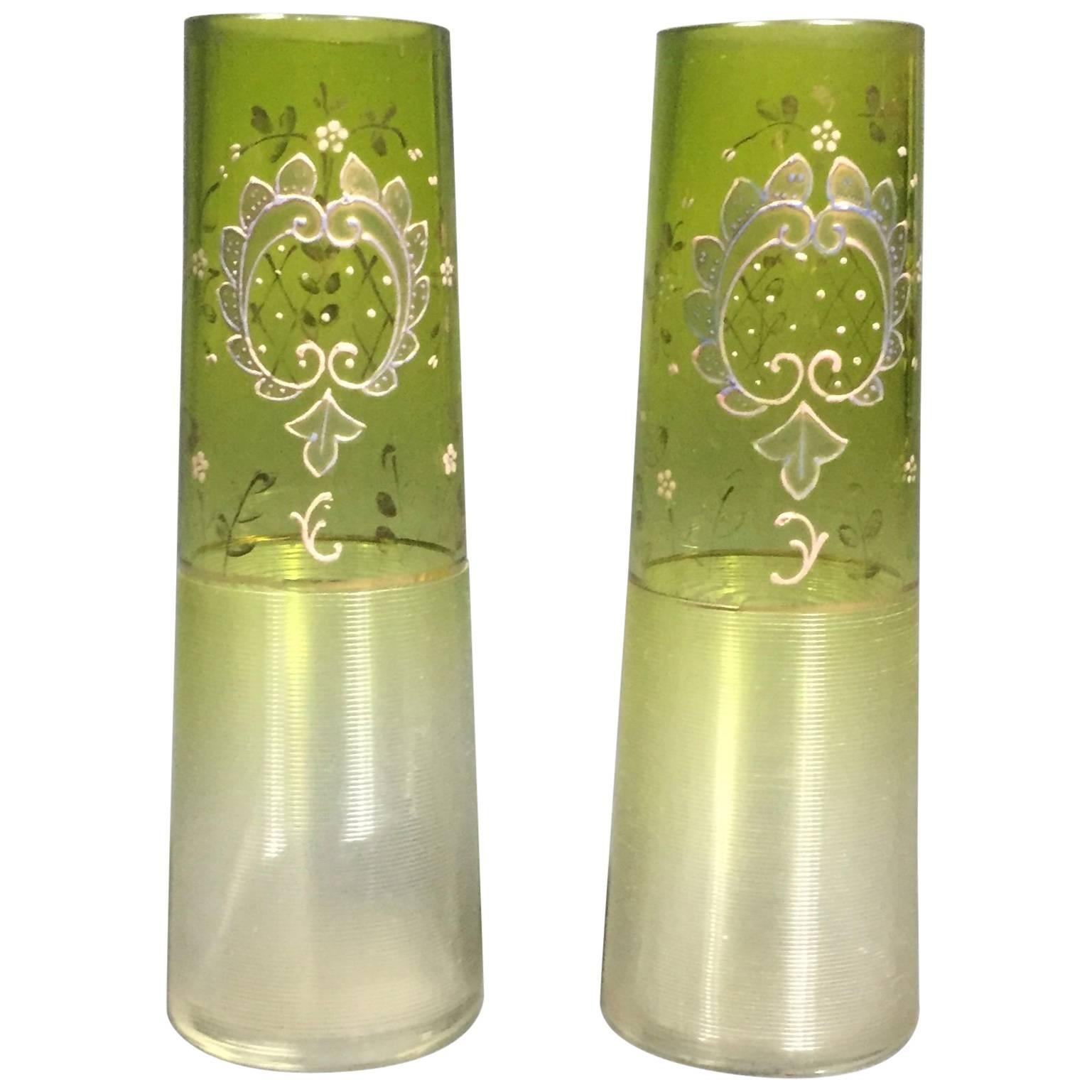 Pair of Bohemian Art Deco Moser Attributed Decorated Bud Vases, 1925 For Sale