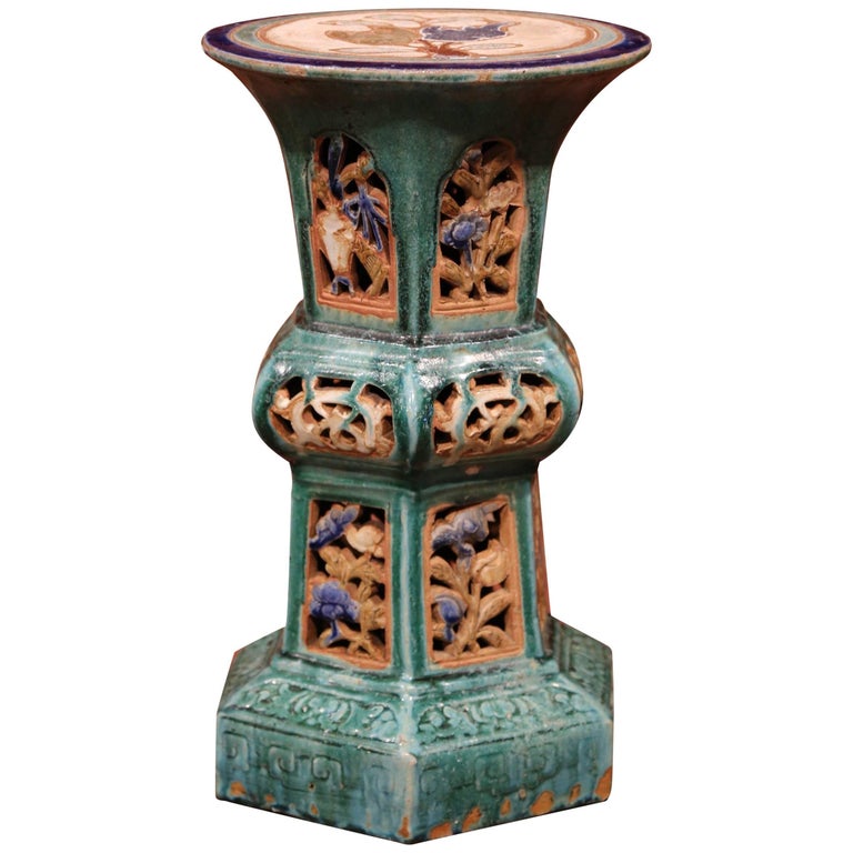Early 20th Century French Hand Painted Glazed Ceramic Garden Stool at