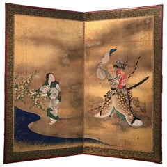 Antique Two Panel Japanese Screen with Figures and Stream