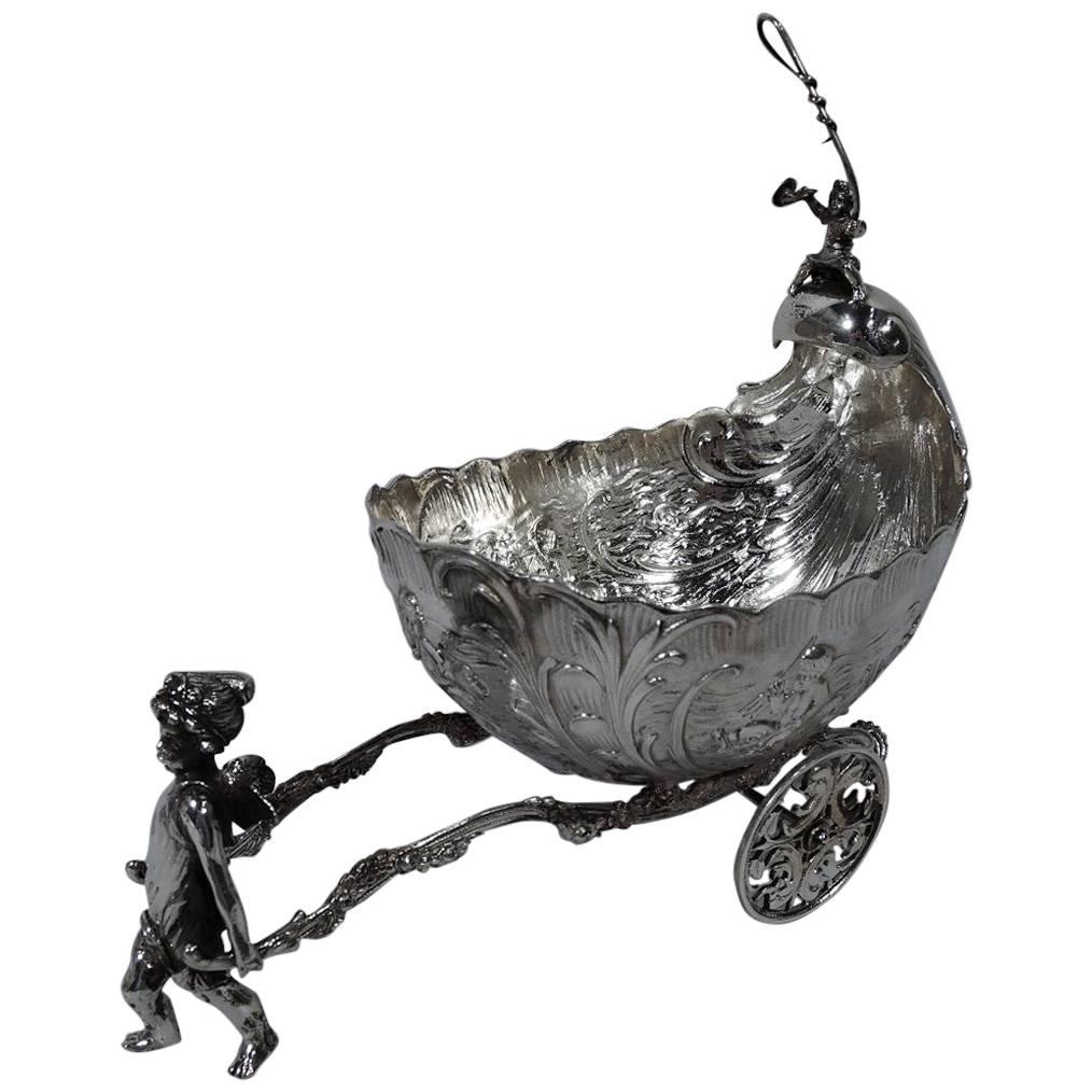 Antique German Rococo Silver Winged Cupid Harnessed to Love Chariot