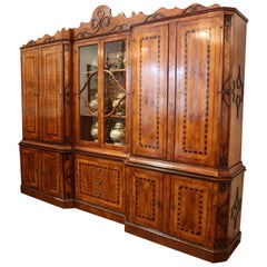 Hand-Carved Italian Inlaid Walnut Breakfront Bookcase