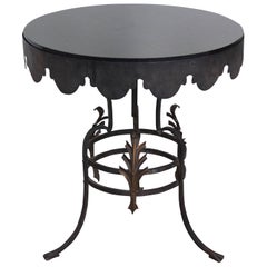 Midcentury Scalloped Metalwork Side Table with Thick Black Glass Top