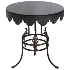 Midcentury Scalloped Metalwork Side Table with Thick Black Glass Top