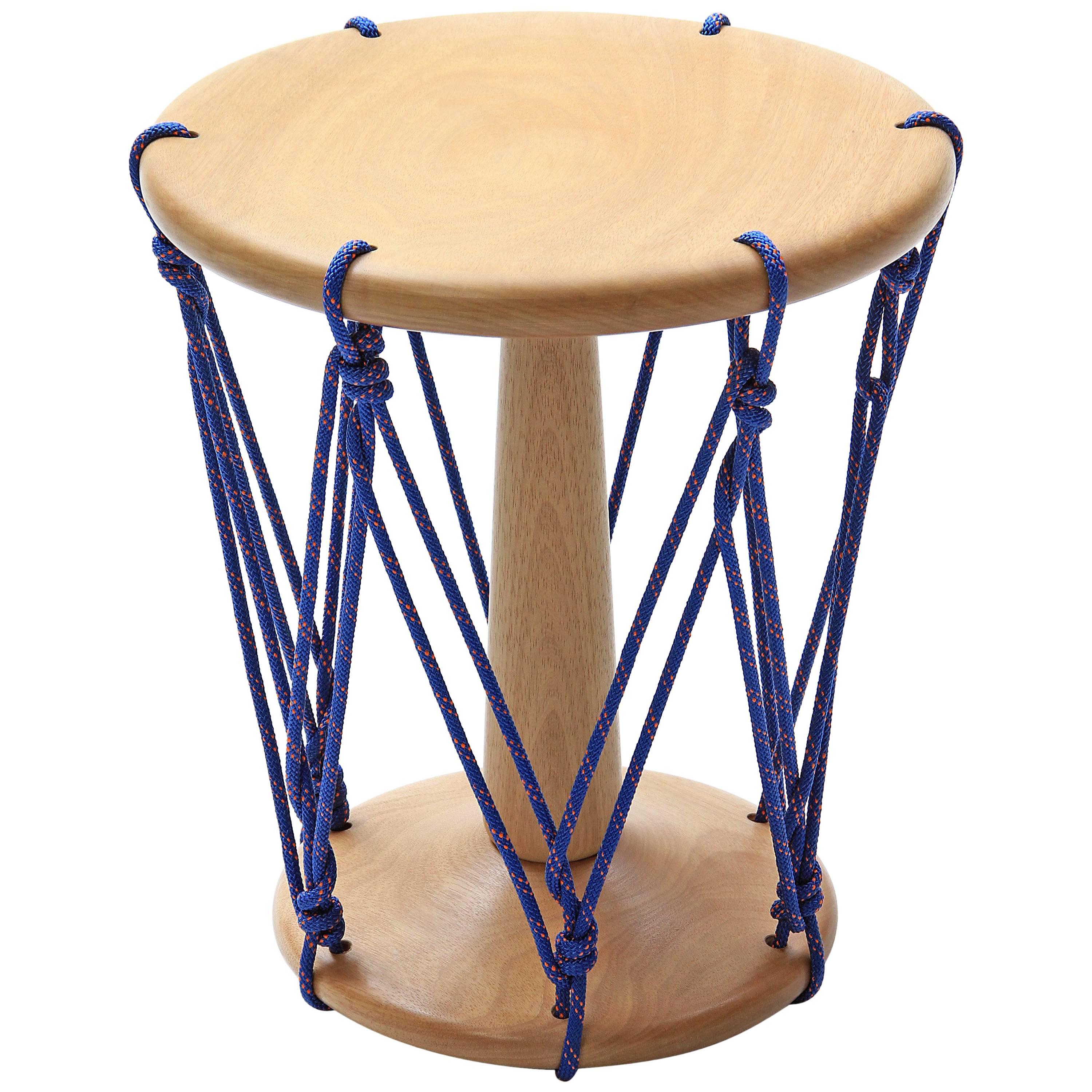 Baque Stool in Wood and Blue Cord, Contemporary Design For Sale